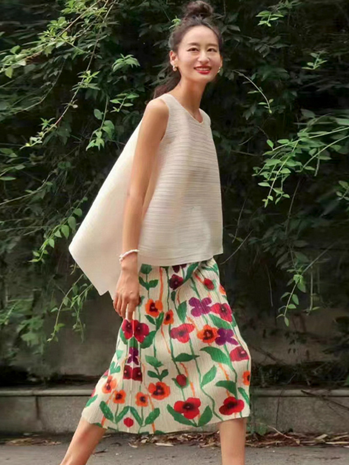 Midi Skirt Floral - Floral Print Slimming Comfortable Pleated High