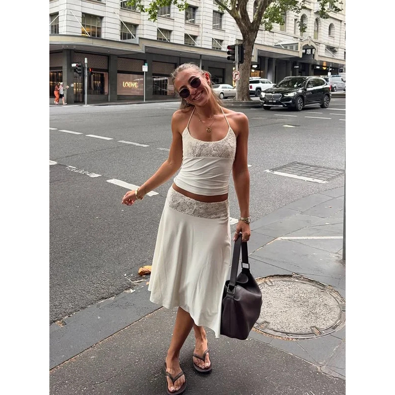 Maxi Dress Halter - Sexy Lace Patchwork Sling Top Irregular