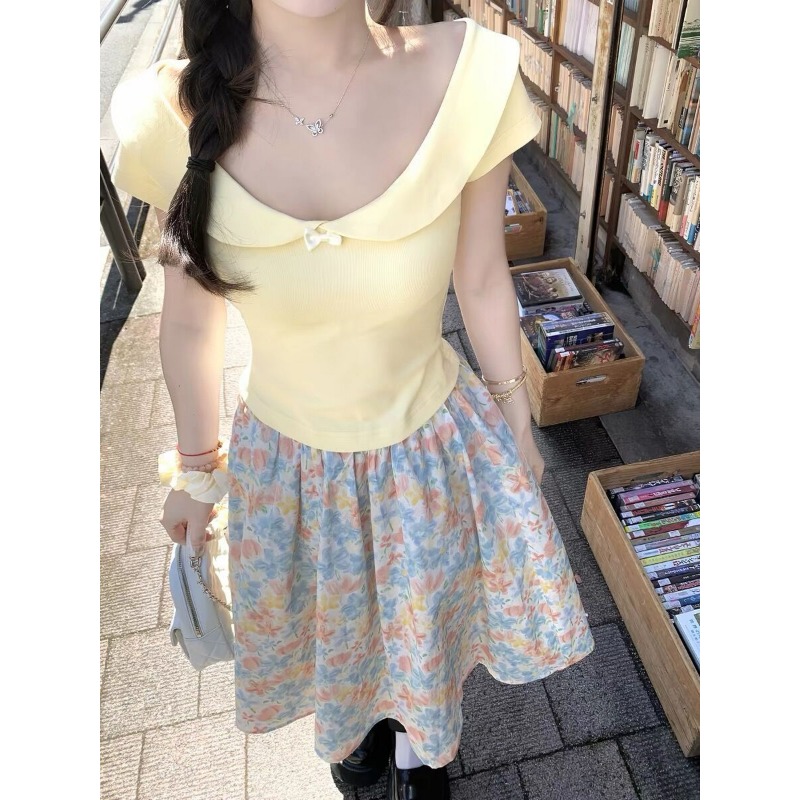 Midi Skirt Floral - Women 2 Piece Set Bow Top