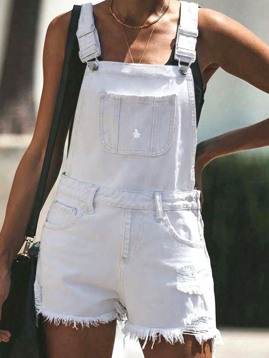 Shorts Denim Frayed - Womens White Distressed Denim Bib Shorts