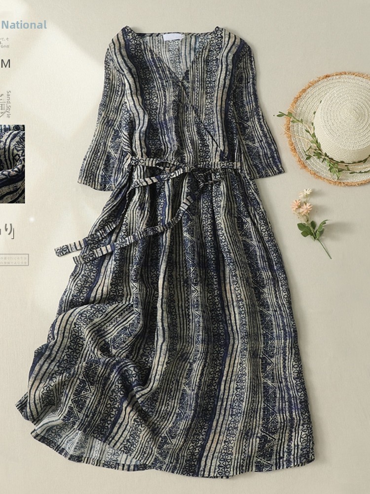 V-Neck Short Sleeve Midi Dress - Linen Dress Wrap reseña y precio