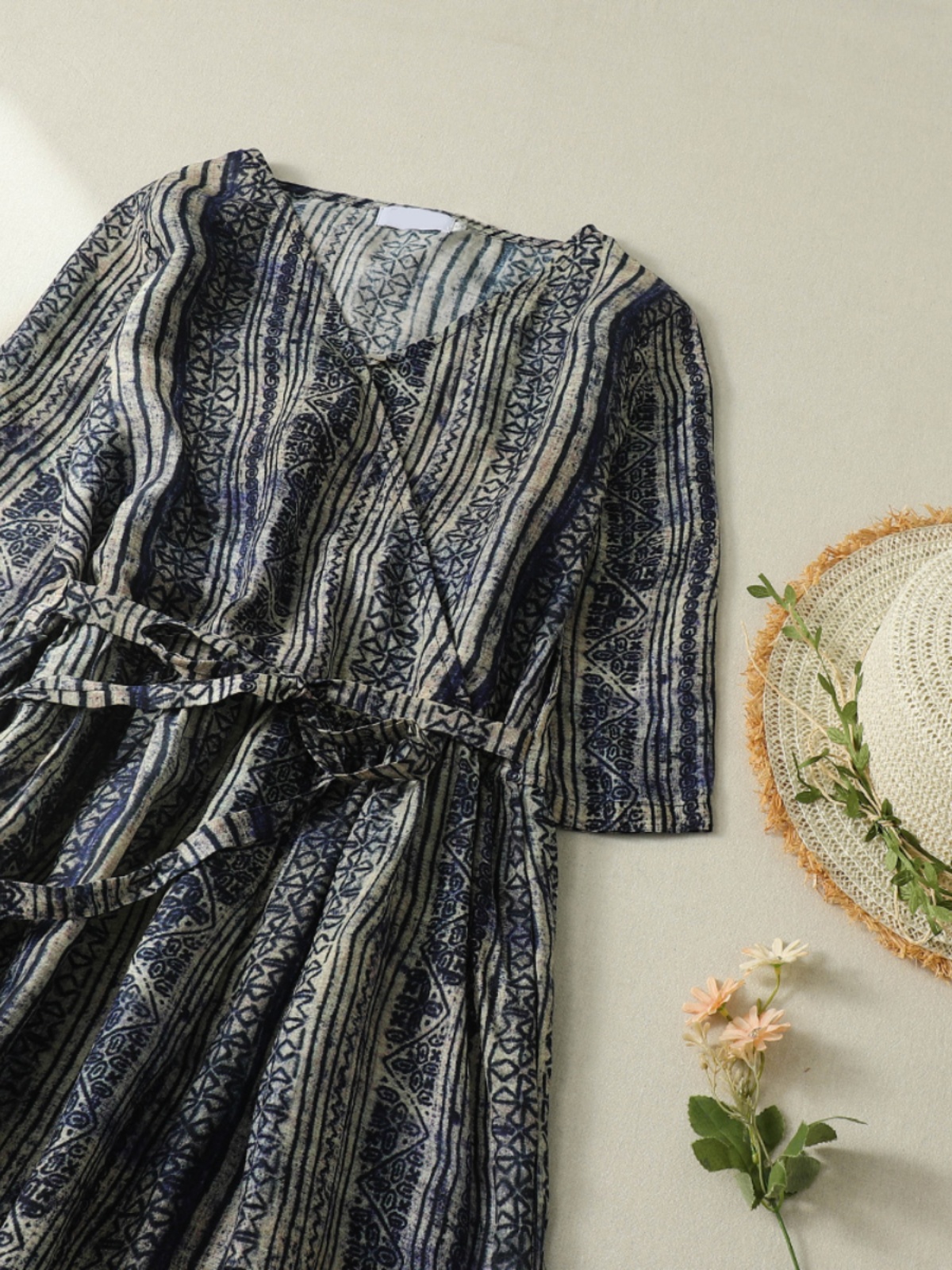 V-Neck Short Sleeve Midi Dress - Linen Dress Wrap reseña y precio