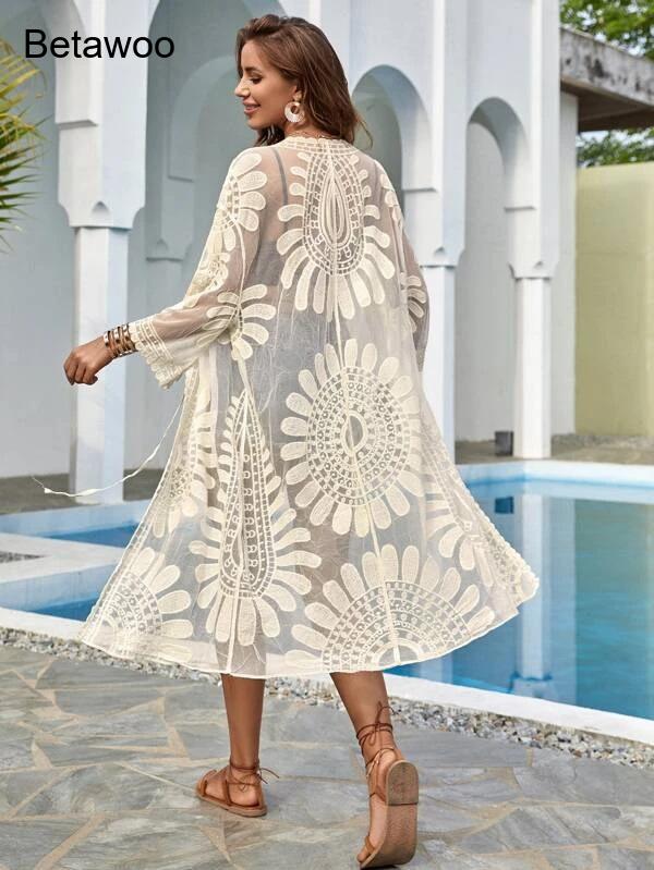 Women White Boho Floral Hollow - Kimono Sheer Floral reseña y precio
