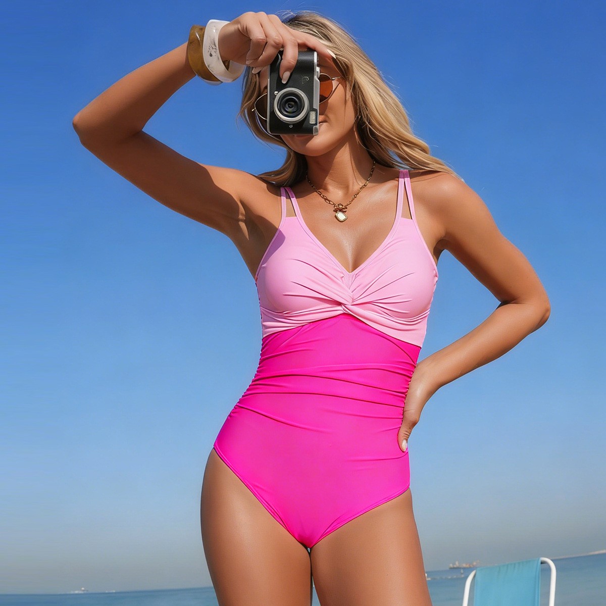 V Neck Twist Front One Piece S - Swimsuit Bikini Ruched reseña y precio