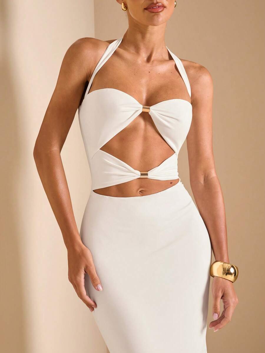 White Cut Out Halter Neck Fitt - Maxi Dress Halter reseña y precio