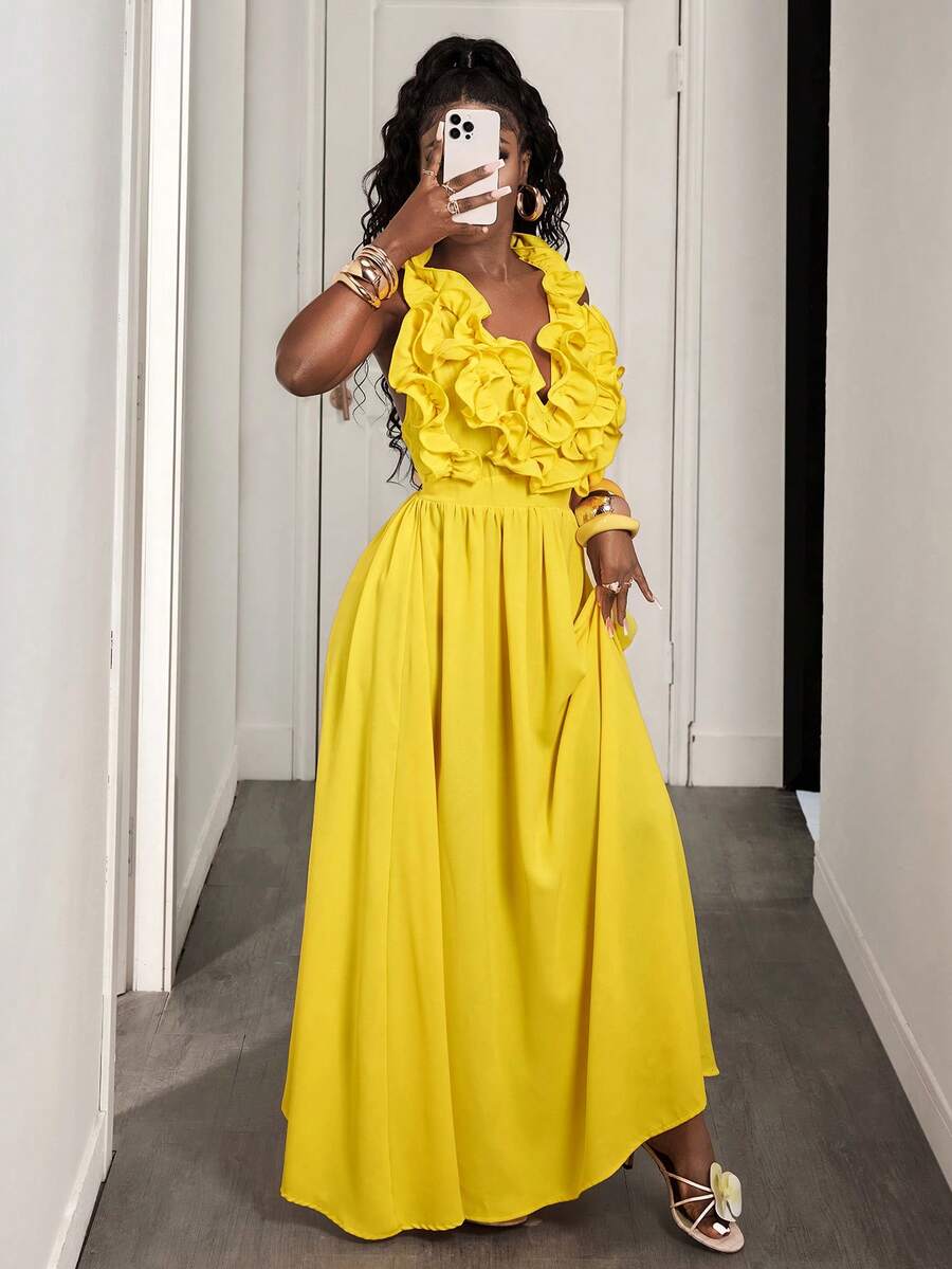 Yellow Deep V-Neck Ruffle Halt - Maxi Dress Halter reseña y precio