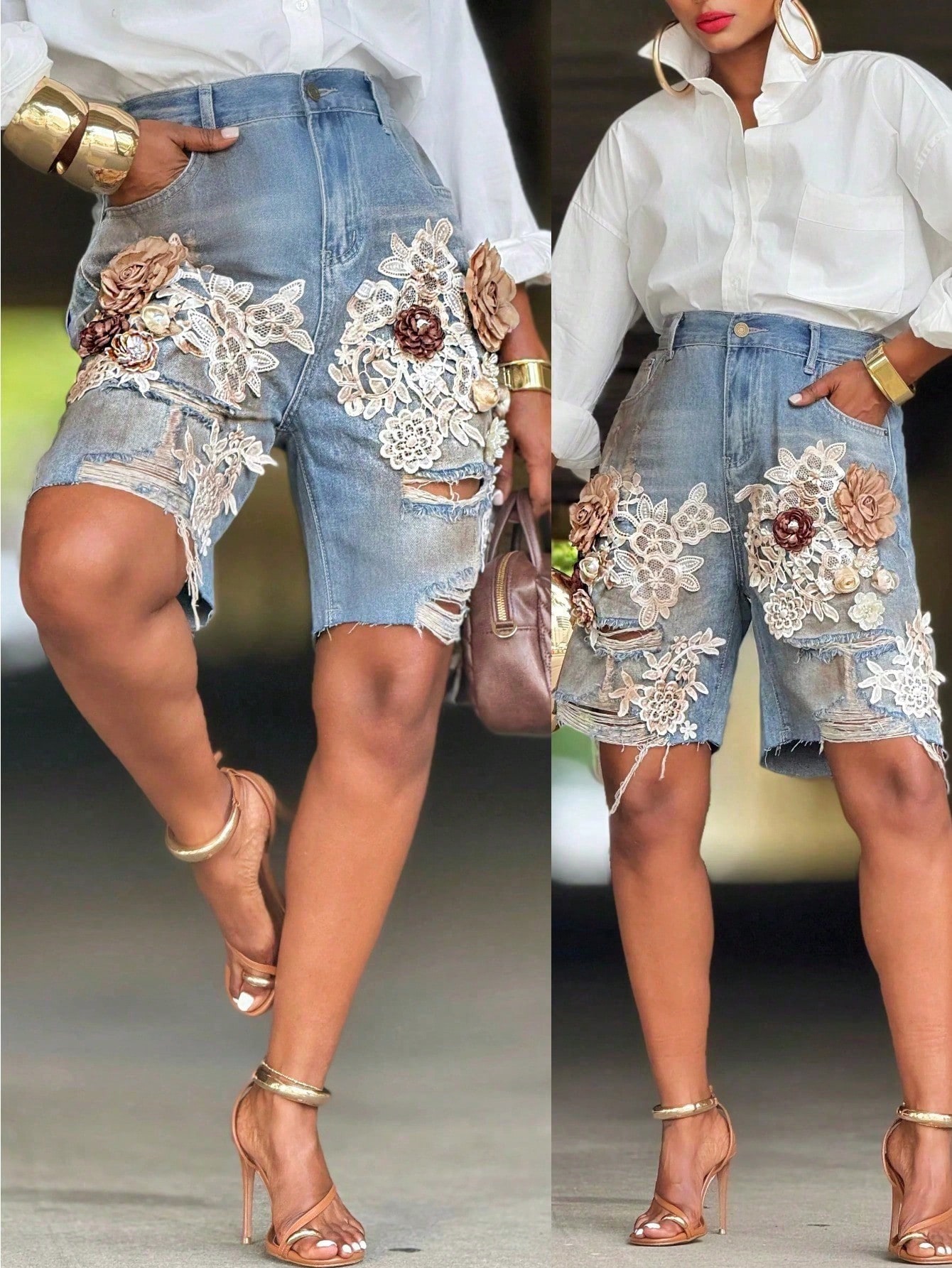 GLOURI Women 3D Floral Appliqu - Shorts Denim Frayed reseña y precio