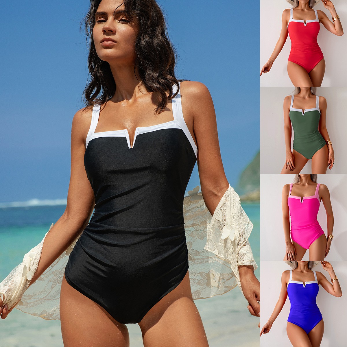 Black Swimsuit V Neck Red Biki - Swimsuit Bikini Ruched reseña y precio