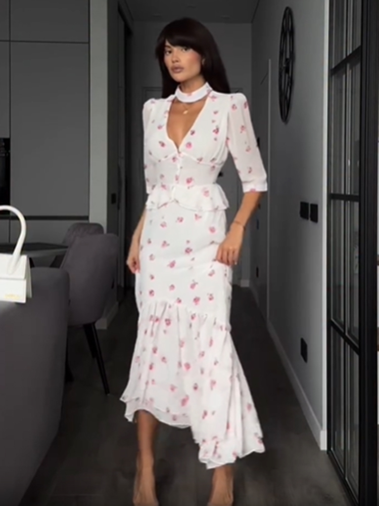 Women White Pink Floral Choker - Romper Floral Print reseña y precio
