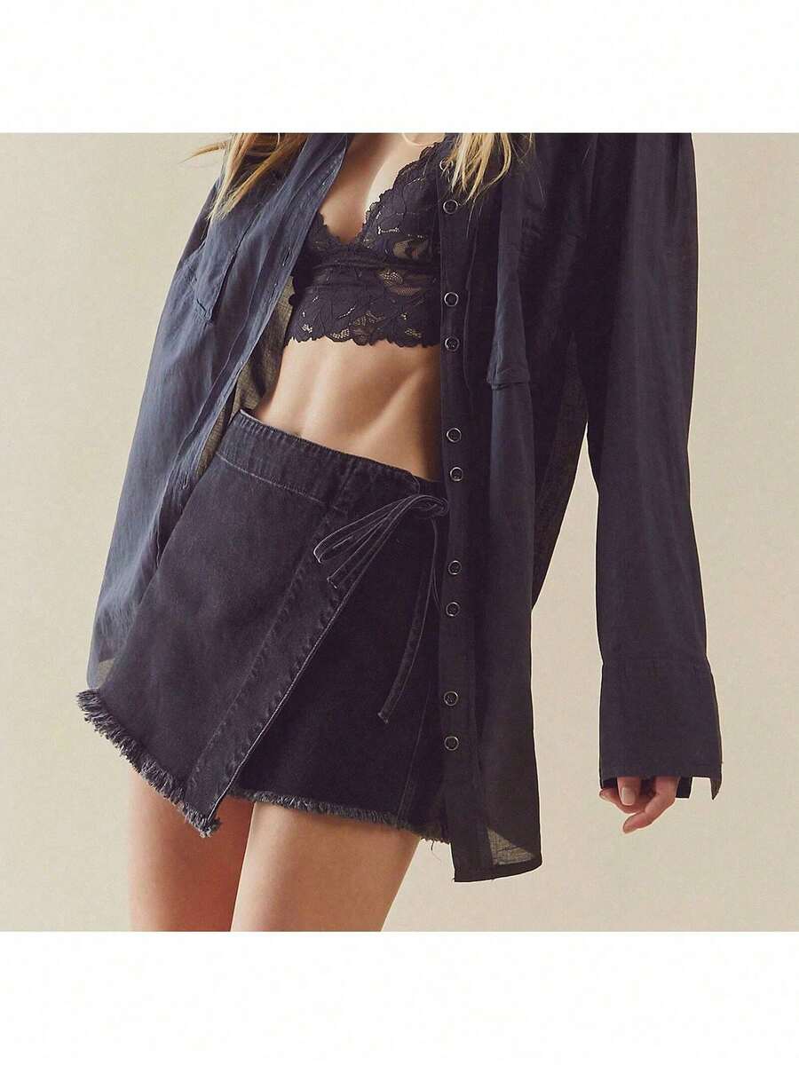 Women Denim Wrap Skort High Wa - Shorts Denim Frayed reseña y precio