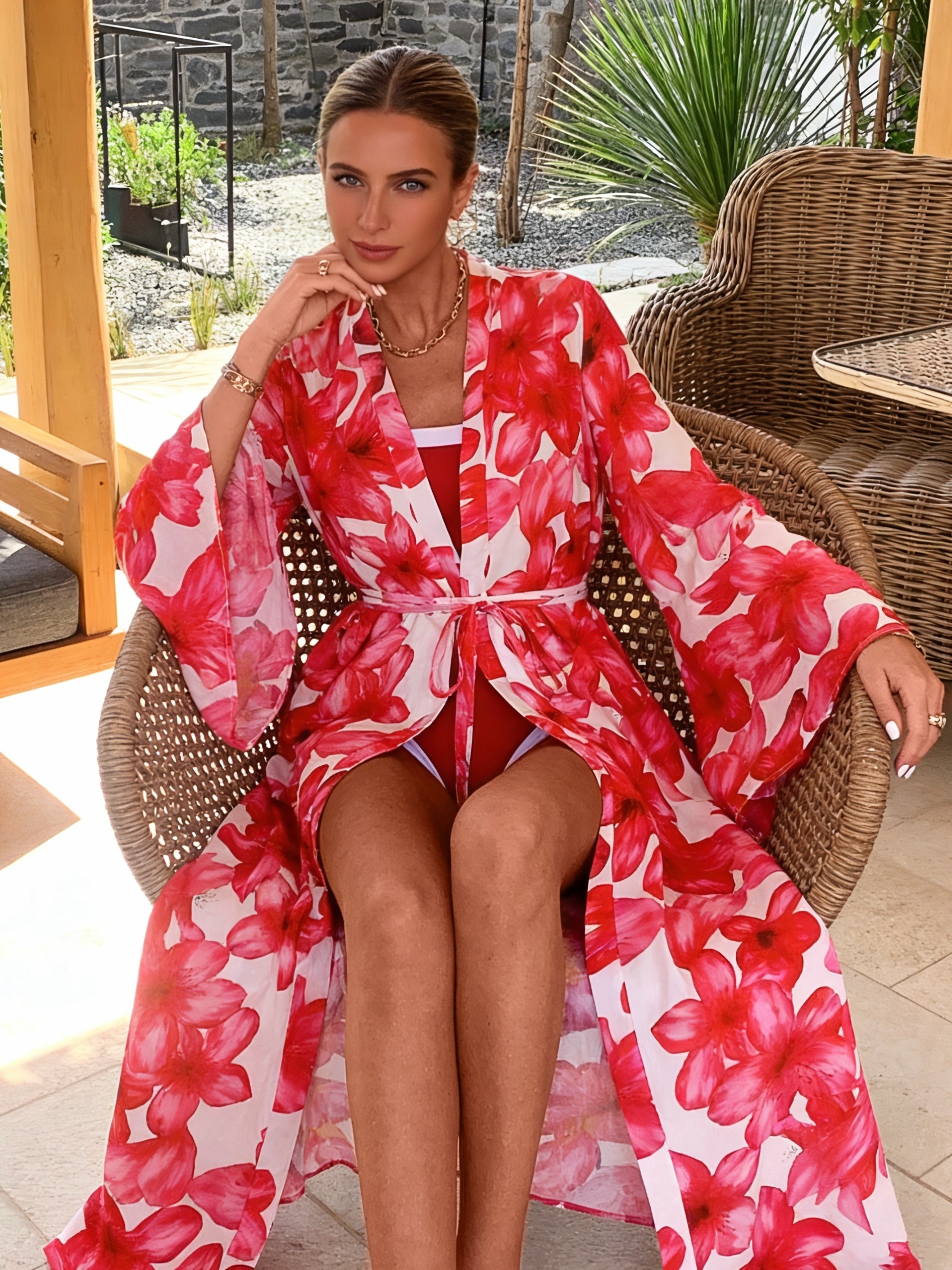 Women's Red Floral Kimono Robe - Kimono Sheer Floral reseña y precio