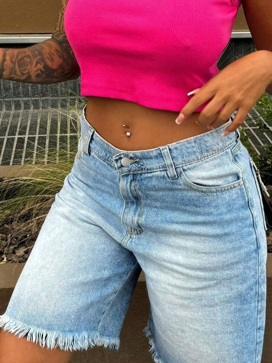 Womens Light Wash Denim Bermud - Shorts Denim Frayed reseña y precio
