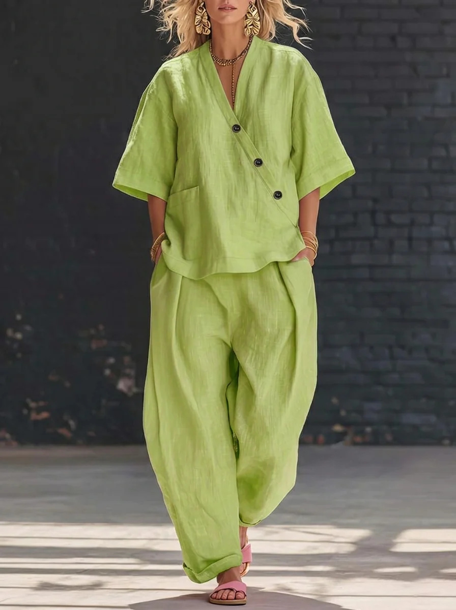 Women’s Two Piece Set Loose V  - Linen Pant Wide reseña y precio