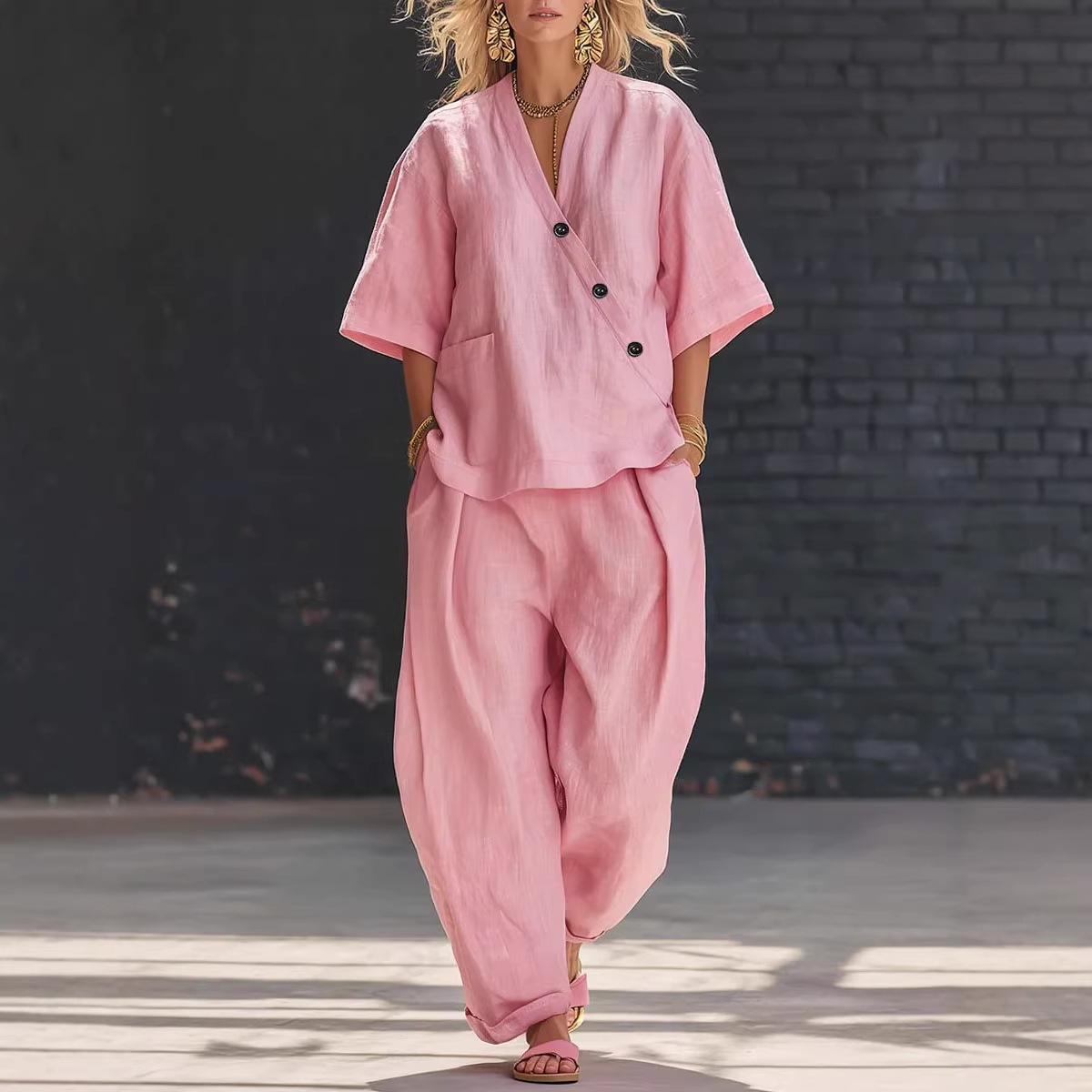 Women’s Two Piece Set Loose V  - Linen Pant Wide reseña y precio