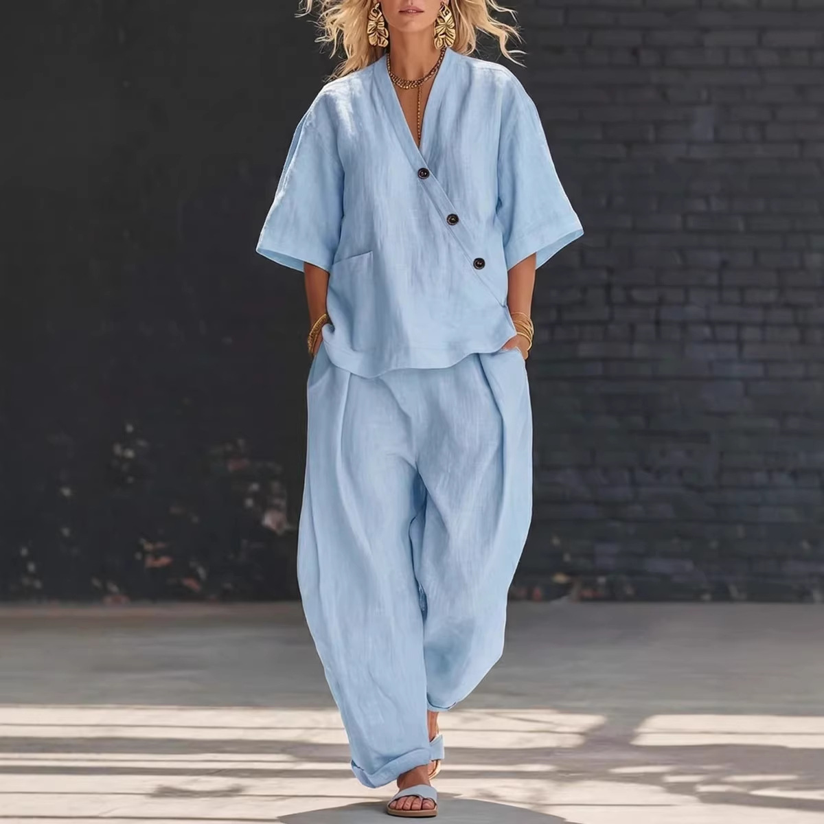 Women’s Two Piece Set Loose V  - Linen Pant Wide reseña y precio