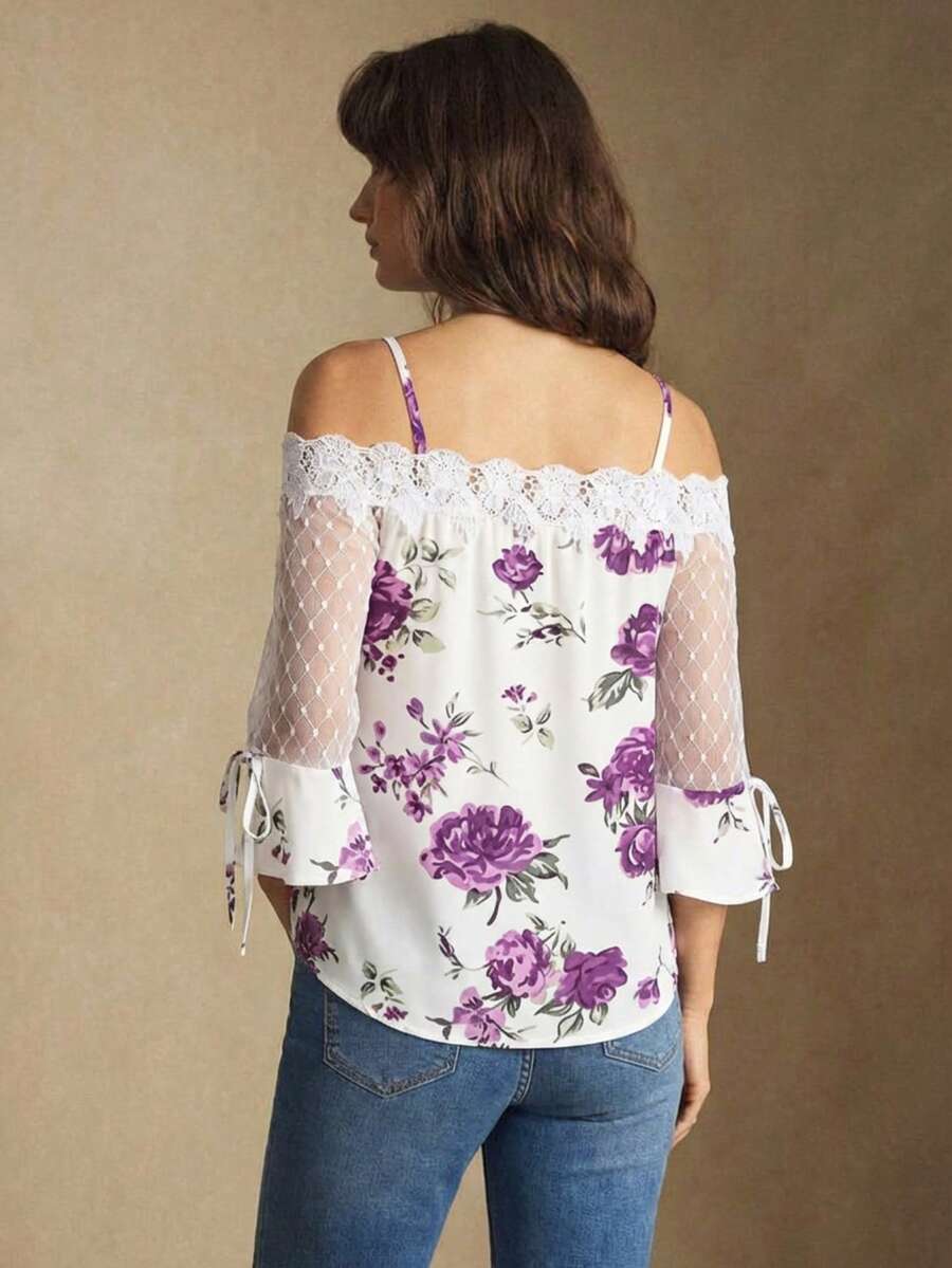 Purple Floral Print Off Should - Blouse Off Shoulder reseña y precio