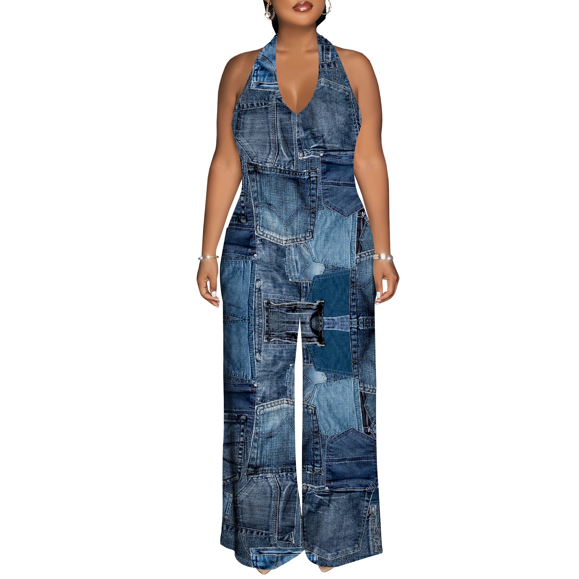 Denim Patchwork Halter V-Neck  - Maxi Dress Halter reseña y precio