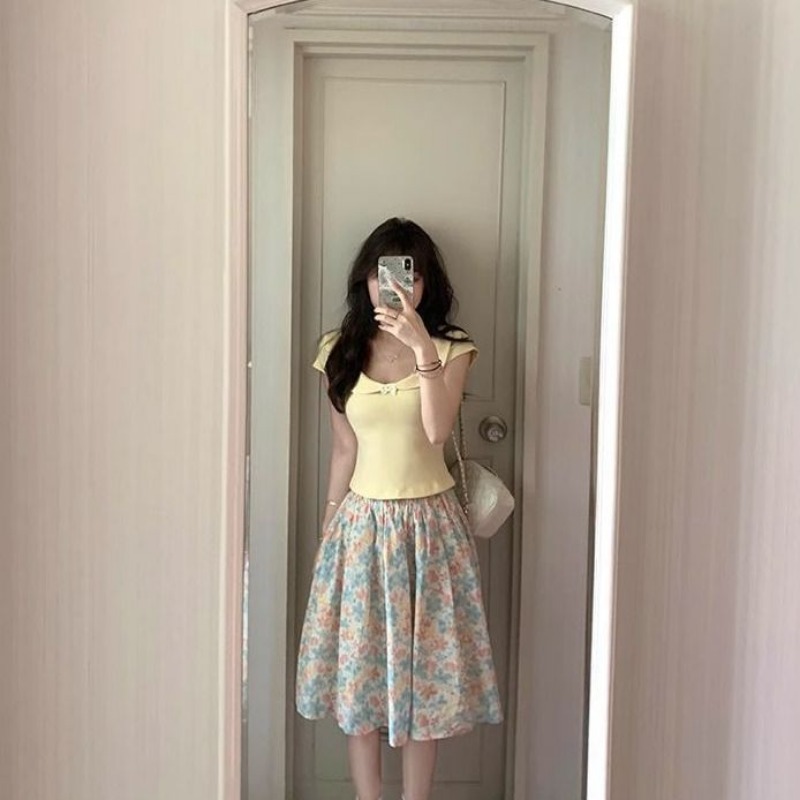 Women 2 Piece Set Bow Top And  - Midi Skirt Floral reseña y precio