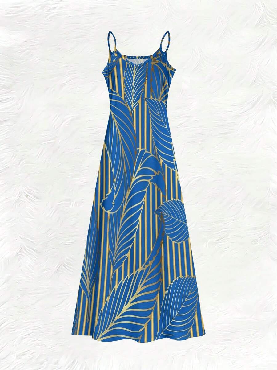 Blue Tropical Leaf Print V-Nec - Maxi Dress Halter reseña y precio